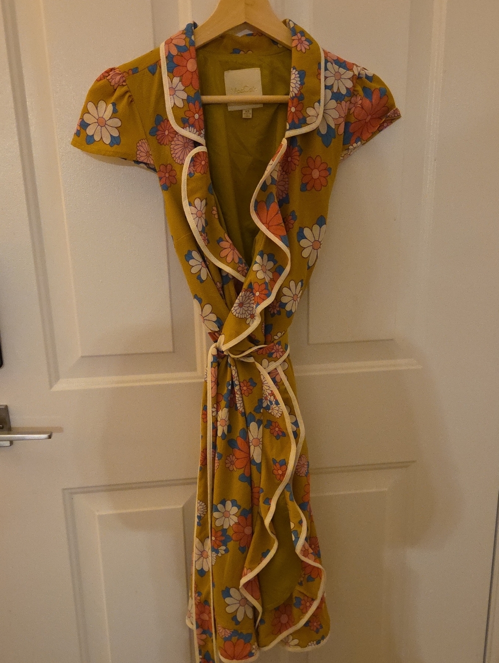 Modcloth Retro Floral Ruffle Wrap Dress in Mustard